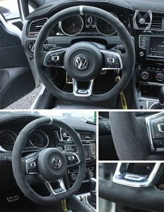 the interior of a volkswagen car is shown in four different pictures, including steering wheel and dashboard