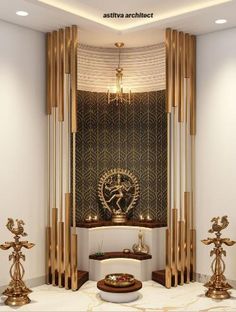 a living room filled with gold and white furniture next to a wall covered in art