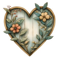 a wooden heart with flowers and leaves painted on the side, as if it were made out of wood