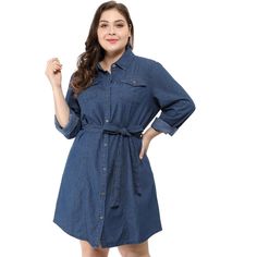 This denim shirt dress is a timeless and versatile addition to any wardrobe. The classic design features a button-front closure, a collar neckline, and long sleeves for a casual yet polished look. The midi-length cut keeps it playful and comfortable, while the denim material ensures durability and comfort. Whether you dress it up with heels or keep it casual with sneakers, this dress is perfect for any occasion. Pair it with a belt to cinch this waistline, or wear it loose for a more regular fit Jean Shirt Dress, Women's Plus Size Jeans, Midi Denim, Denim T Shirt, Dresses Blue, Denim Shirt Dress, Dress Shirts For Women, Plus Dresses, Unique Dresses