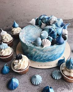 a blue and white cake surrounded by cupcakes on a plate with seashells around it