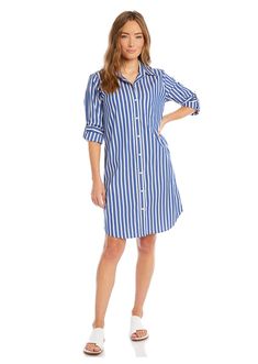 This versatile button-front dress features cuffed roll-tab sleeves, a shirt pocket, and a comfortably stretchy fit that is perfect for warmer weather. Wear it open as a jacket, or buttoned as a dress. Roll-tab sleeve Length: 39 1/8 inches (size M) 80% Cotton 17% Nylon 3% Spandex Available in indigo Made in the USA of imported fabric Machine wash cold, hang to dry or dry clean Button down Striped Bohemian Chic Outfits, Short Dress Styles, Chloe Dress, Shirt Pocket, Stripe Long Sleeve, Striped Shirt Dress, Weather Wear, Button Front Dress, Karen Kane