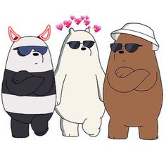 three cartoon bears wearing sunglasses and one bear with shades on his head, standing next to each other