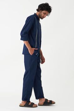 Navy poplin shirt with ivory piping detailing. Comes with pant with front pleats. - Aza Fashions Cotton Workwear Sets With Pockets, Cotton Sets With Pockets For Workwear, Tailored Cotton Sets For Work, Relaxed Fit Workwear Sets With Pockets, Relaxed Fit Straight Pants Set For Office, Plain Shirt, Pant Sets, Plain Shirts, Roll Up Sleeves