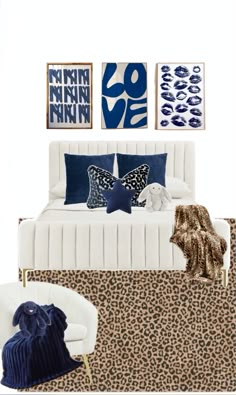 a bedroom with leopard print and blue accents