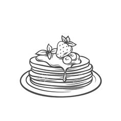 a stack of pancakes with strawberries on top and syrup flowing down the side, hand drawn in black ink