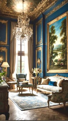 a living room with blue walls and paintings on the wall, chandelier hanging from the ceiling