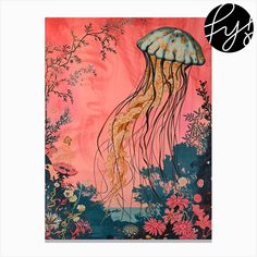 a painting of a jellyfish on a pink and blue background with flowers in the foreground