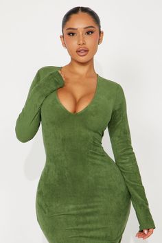 Stretch V-neck Mini Dress For Fall, Green Long Sleeve V-neck Dress For Night Out, Chic Green V-neck Bodycon Dress, Green V-neck Bodycon Dress For Date Night, Solid V-neck Stretch Bodycon Dress, Solid Color Stretch V-neck Bodycon Dress, Green V-neck Stretch Bodycon Dress, V-neck Bodycon Dress, V-neck Bodycon Top For Party