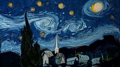 the starry night with houses and buildings painted in acrylic paint on canvas