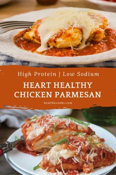 hearty chicken parmesan on a white plate with text overlay that reads high protein low soutim hearty chicken parmesan