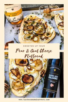 two pizzas with mushrooms and cheese on them next to a bottle of wine