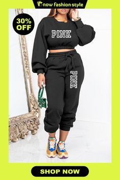 Casual Letter Print O Neck Long Sleeve Crop Sweatshirt And Sweatpants Two Pieces Tracksuit Sets Trendy Winter Sets With Letter Print, Trendy Letter Print Sets For Winter, Spring Tracksuit With Letter Print And Long Sleeves, Spring Long Sleeve Tracksuit With Letter Print, Spring Letter Print Long Sleeve Tracksuit, Trendy Long Sleeve Sets With Letter Print, Casual Letter Print Sets For Fall, Trendy Tracksuit With Letter Print And Long Sleeves, Trendy Long Sleeve Tracksuit With Letter Print