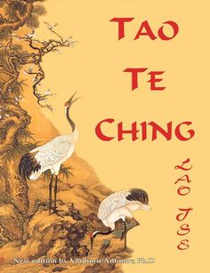 two birds standing next to each other in front of a tree with the words tao te ching written on it