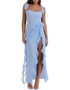 House Of CB Ariela Ruffle Maxi Dress In Soft Blue | MYER Little Red Dress, Elegant Maxi Dress, Split Maxi Dress, Christmas Party Dress, Elegant Dresses Long, House Of Cb, Ruffled Maxi Dress, Maxi Dress Blue, Outfit Casual