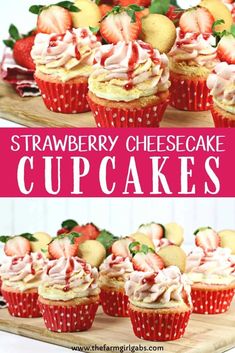 strawberry cheesecake cupcakes with strawberries on top