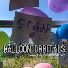 balloons are in the air with writing on them that say balloon orbitals and have been written on paper