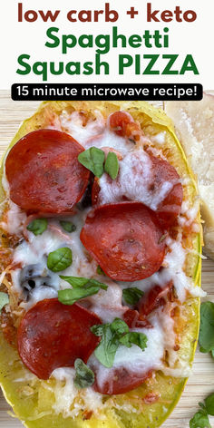 low carb pizza boat with cheese and pepperoi Low Carb Spaghetti Squash, Spaghetti Squash Pizza, Pizza Boats, Low Carb Spaghetti, Squash Pizza, Bariatric Friendly Recipes, Bariatric Diet, Craving Pizza