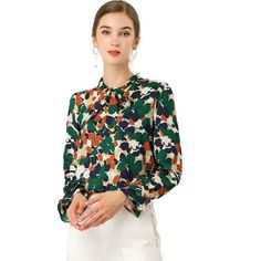 This floral top has a retro floral print for an easy-to-style look, and the soft chiffon fabric lends a comfortable, soft feel. Style it with your favorite jeans or skirts for a casual and chic look. Whether you're in the office or out on the town, this floral print blouse is perfect for any occasion. You will look fierce yet feminine in this lightweight woven blouse with a burgundy, black, and yellow floral print. The model is wearing an X-Small. Blouse Chiffon, Trumpet Sleeve, Satin Blouses, Tie Neck Blouse, Chiffon Ruffle, Floral Print Blouses, Floral Print Tops, Beautiful Blouses, Floral Chiffon