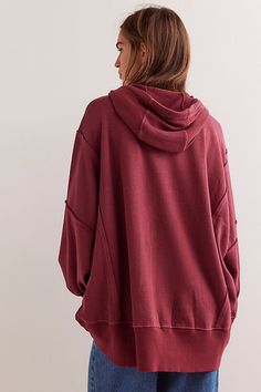 Found: *the* coolest hoodie featured in an oversized, slouchy fit with zip-front closure, exposed seaming, and defined sleeves for added shape. **Fit:** Relaxed, slouchy fit **Features:** Drawstring hood, zip-front closure, side pockets, raw seaming, ribbed hems, thumbhole details, dropped sleeves **Why We ❤ It:** Just as effortless as it is essential, this timeless hoodie is perfect to pair with a comfy, relaxed outfit or with a classic denim and tee for staple style from season to season. | We Relaxed Outfit, Red Fits, Boho Clothing, Hoodie Top, Jacket Outfits, Boho Outfits, Clothes For Sale, Free People, Active Wear