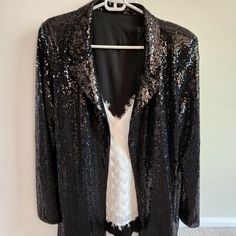 White Feathery Fringe V-Neck Cami And Sequin Open Front Blazer With Shoulder Pads. Like Brand New. Separate Pieces, Selling As Set. Chic V-neck Blazer For Party, Fall V-neck Party Blazer, V-neck Contrast Sequin Top For Party Season, Spring Party Blazer With V-neck, Black V-neck Blazer For Party, Chic V-neck Party Blazer, V-neck Sequin Blouse For Evening, Black V-neck Party Blazer, Fitted V-neck Top With Contrast Sequin