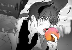 an anime character is eating an apple