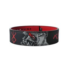 a black and red belt with an anime character on it