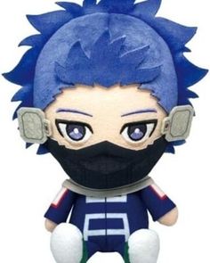 an anime character with blue hair and a black mask on his face is posed in front of a white background