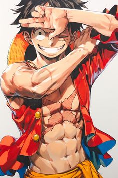 an anime character with his shirt open and hands on his head, posing for the camera