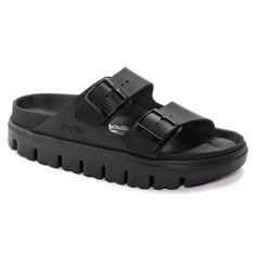 Arizona Chunky Leather Black | BIRKENSTOCK Birkenstock Arizona Chunky, Chunky Birkenstock, Birkenstock Styles, Black Birkenstock, Summer Apparel, Two Strap Sandals, Birkenstock Women, Suede Fashion, Sandals Slippers