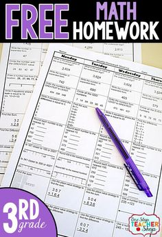 three 3rd grade spiral math homework sheets with a purple pen on top and the third grade spiral math homework sheet below