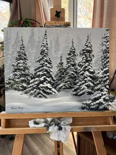 Trees In Snow Painting, Snow On Trees Painting, Snow Scene Painting, Snowy Trees Painting, Winter Paintings On Canvas Acrylics, Draw Tree, Pine Tree Painting