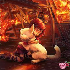 a woman hugging a white cat in front of a fire filled room with lots of flames