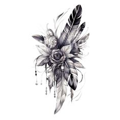 an artistic tattoo design with feathers and flowers