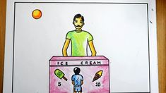 a drawing of a man standing on top of a pink ice cream box with an orange ball in the background