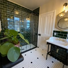 a black and white tiled bathroom with green plants in the tub, sink and mirror