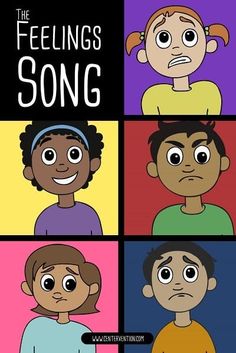 the feelings song is shown in four different colors and styles, including one with an angry face