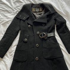 Size Xs. Wool Coat, Genuine Leather Belt Luxury Black Pea Coat With Buttons, Designer Black Outerwear With Button Closure, Chic Fitted Black Pea Coat, Designer Black Pea Coat With Button Closure, Luxury Black Winter Blazer, Luxury Black Blazer For Winter, Black Luxury Long Pea Coat, Luxury Black Long Pea Coat, Elegant Black Pea Coat With Pockets