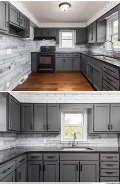 two pictures of the same kitchen with gray cabinets