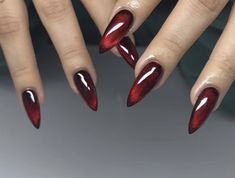 Black And Red Stilletos Nails, Villan Era Nails, Villian Era Nails, Red Sharp Almond Nails, Twilight Nails Aesthetic, Black And Red Chrome Nails, Maneater Nails, Vampy Nails Almond