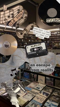 an escape from reality is displayed in a music store with record players and musical notes