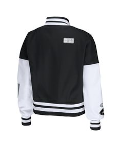 Put your Las Vegas Raiders pride on full display with this Varsity jacket from Wear by Erin Andrews. The full-zip front allows you to wear it open or closed, while the dropped shoulders offer extra room for flexibility. Best of all, the striking Las Vegas Raiders design with eye-catching patches boasts your team spirit in an authentic fashion. Black Casual Varsity Jacket With Zipper, Black Casual Varsity Jacket With Zipper Closure, Casual Black Varsity Jacket With Zipper, Casual Black Varsity Jacket With Zipper Closure, Collegiate Black Track Jacket For Fall, Black Collegiate Track Jacket For Fall, Collegiate Black Long Sleeve Outerwear, Eagles Design, Cowboy Design