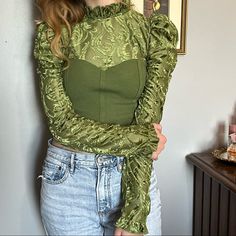 Brand New Brocade Blouse In Celery Green. Size S. Has Some Stretch. Bundle To Save! Green Puff Sleeve Top For Party, Fitted Green Blouse With Lace Top, Fitted Green Lace Top Blouse, History Bounding, White Cold Shoulder Top, Celery Green, Brocade Blouse, Pink Floral Blouse, Rayon Blouse