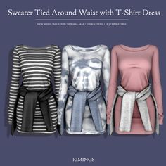 three sweaters that are tied around waist with different colors and patterns on them, all in