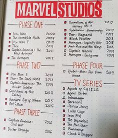 an open notebook with some writing on it and the words'marvelous studios'written in red