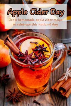 an apple cider day poster with apples and cinnamons