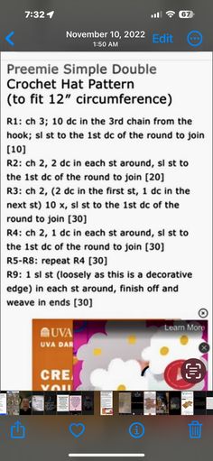 an iphone screen with the text'crochet hat pattern '