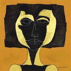 an abstract painting of a woman's face in black and yellow