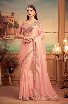 Shimmer Saree, Pink Sari, Dusty Peach, Resham Embroidery, Satin Saree, Wear Saree, Georgette Fabric, Chiffon Saree, Designer Saree