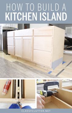 how to build a kitchen island with cabinets and drawers in it, including the base